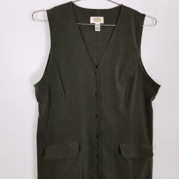 Talbots Women Button Down Sleeveless Midi Dress Sz 14 P Green Sleeveless Pockets - Picture 2 of 8